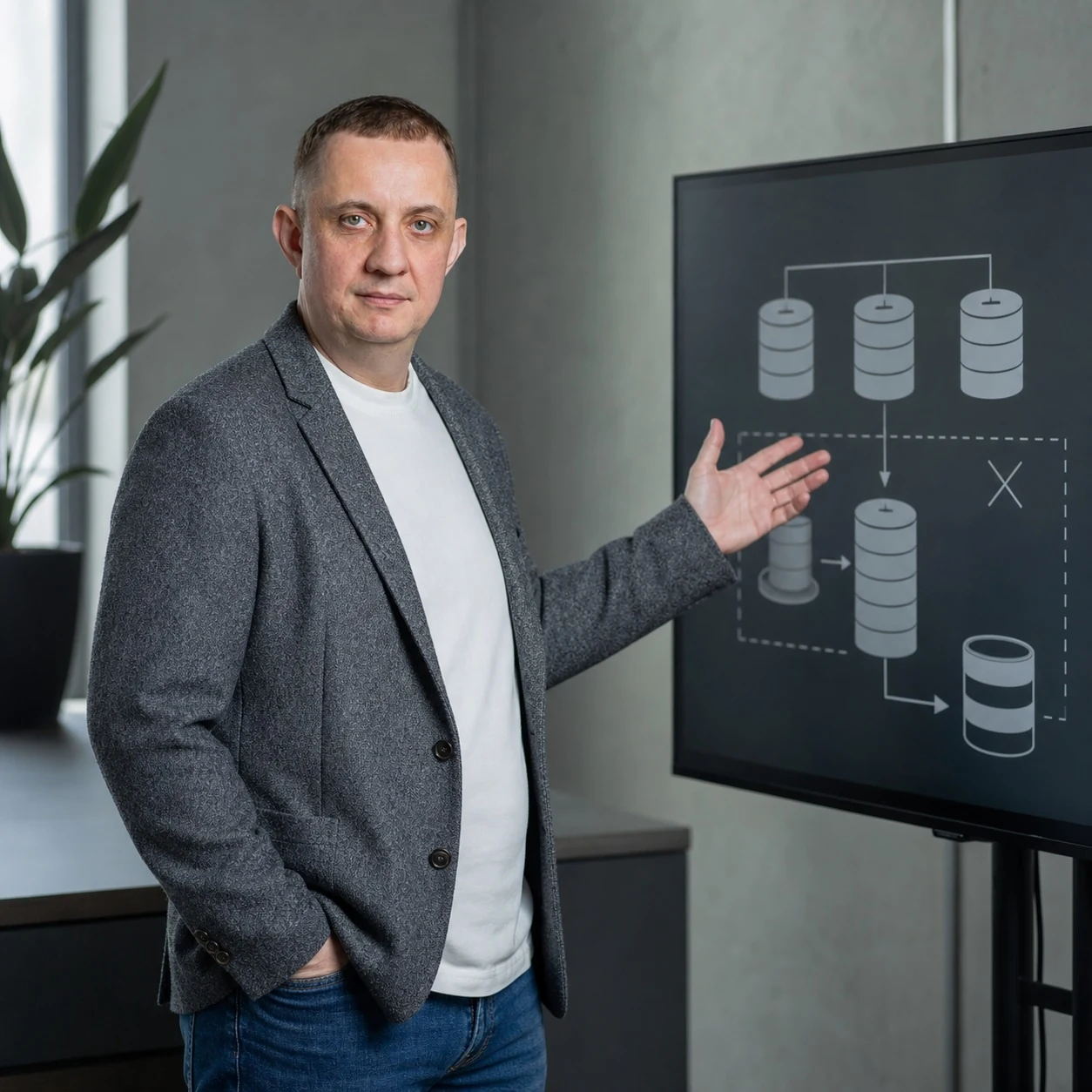 Пётр Жогов показывает схему хранения данных